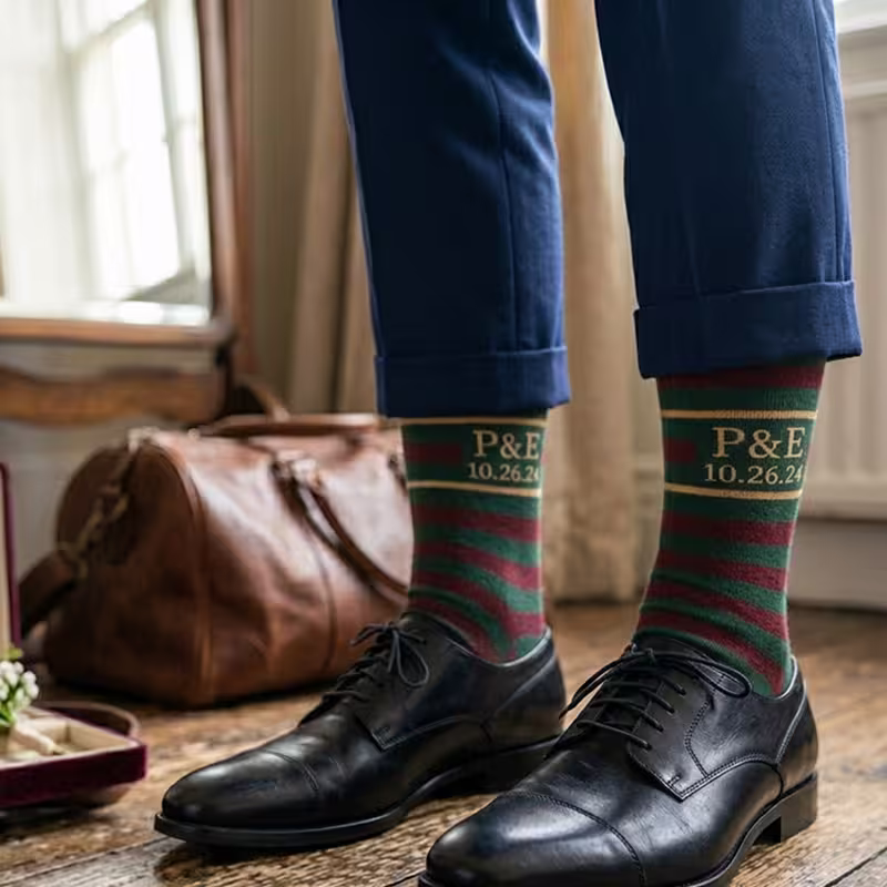 Striped socks with wedding date details