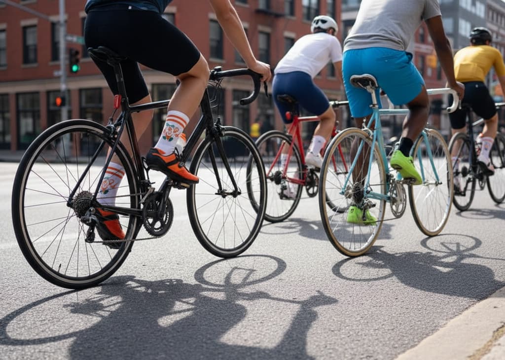 A collection of custom-designed cycling crew socks displayed together, showcasing various athletic styles and patterns.