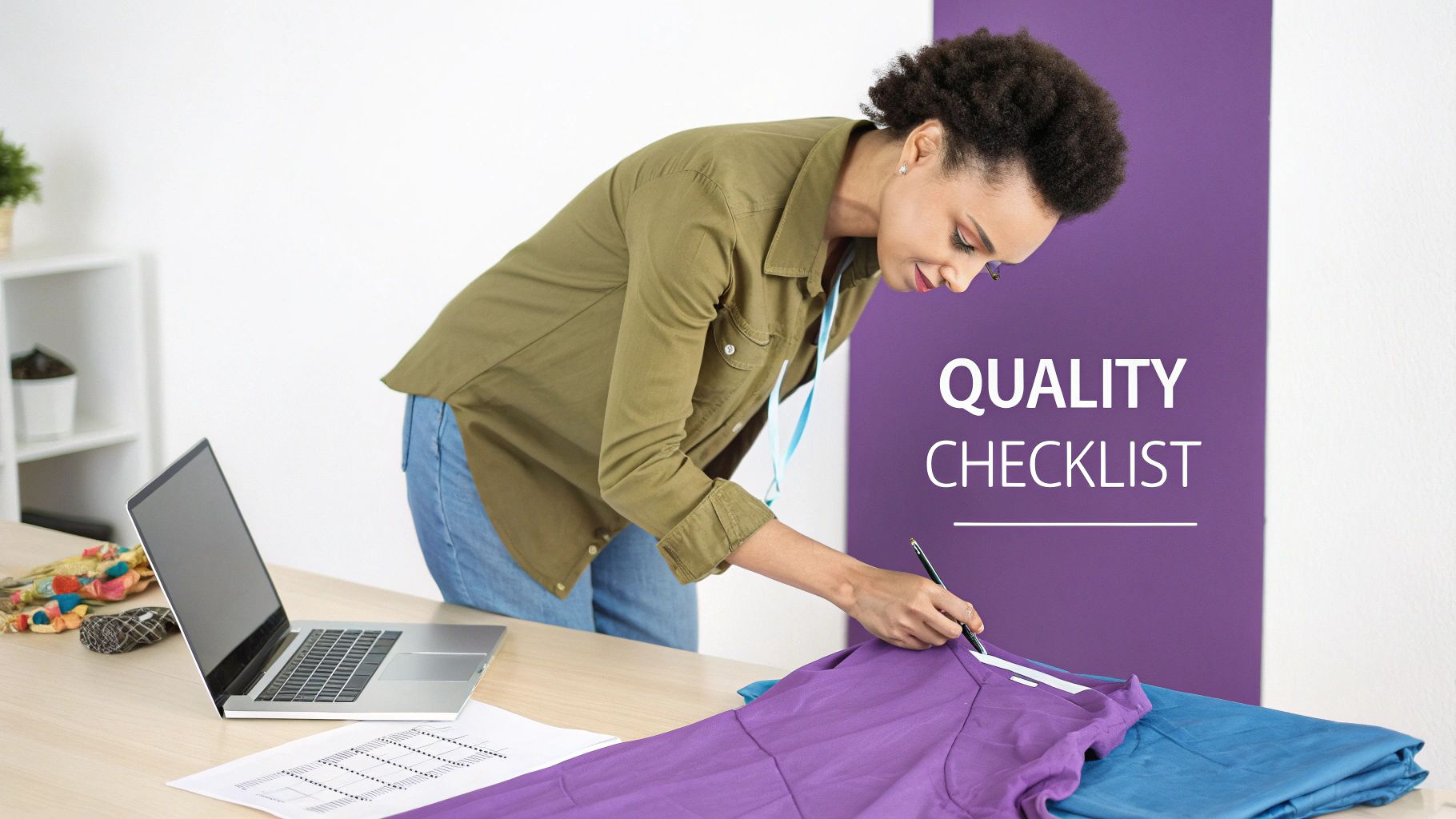 A person inspecting the stitching on a custom t-shirt, representing the vetting process for apparel manufacturers.