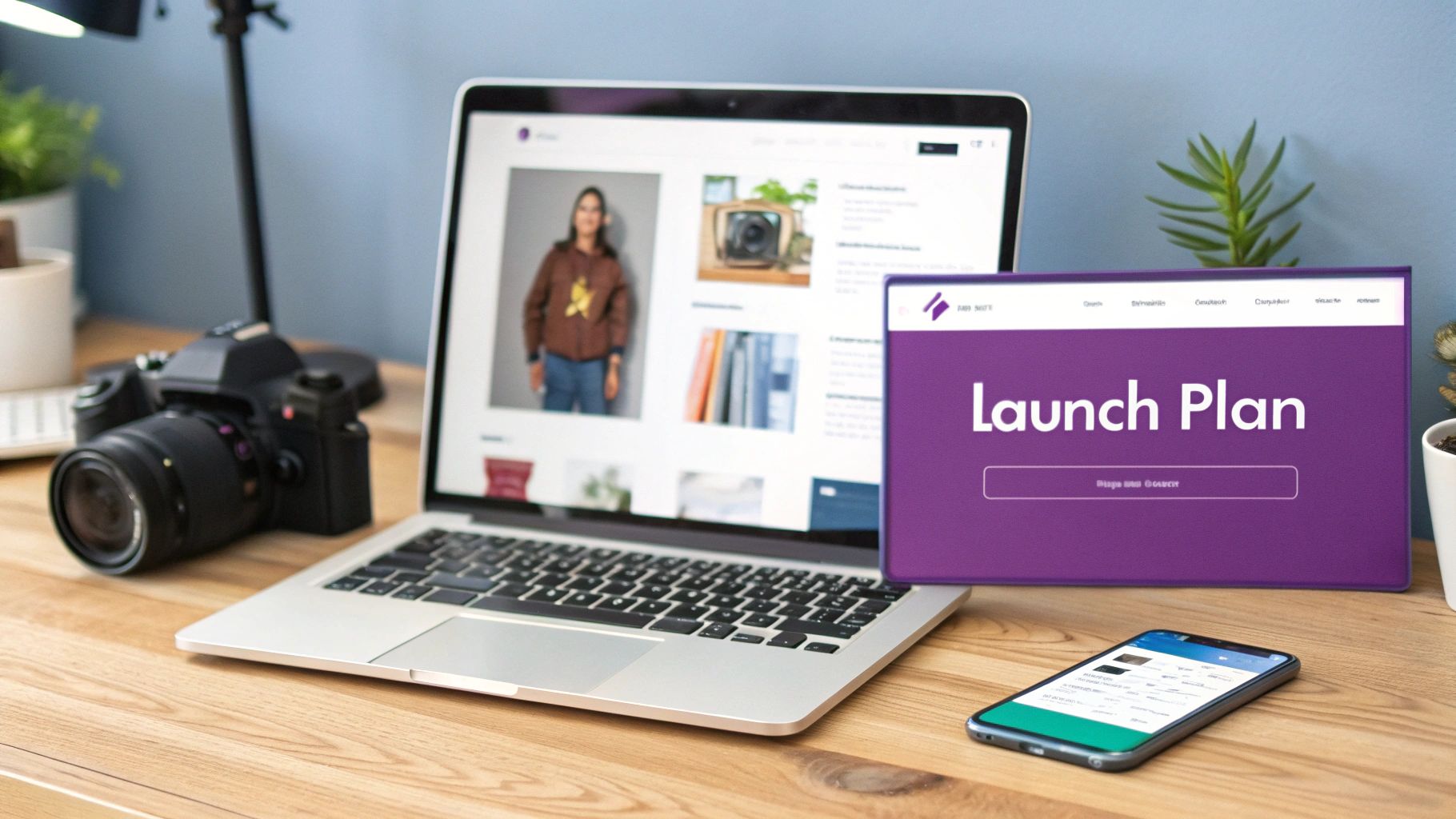 A desk with a laptop displaying photos, a camera, a 'Launch Plan' screen, and a smartphone, suggesting creative work.