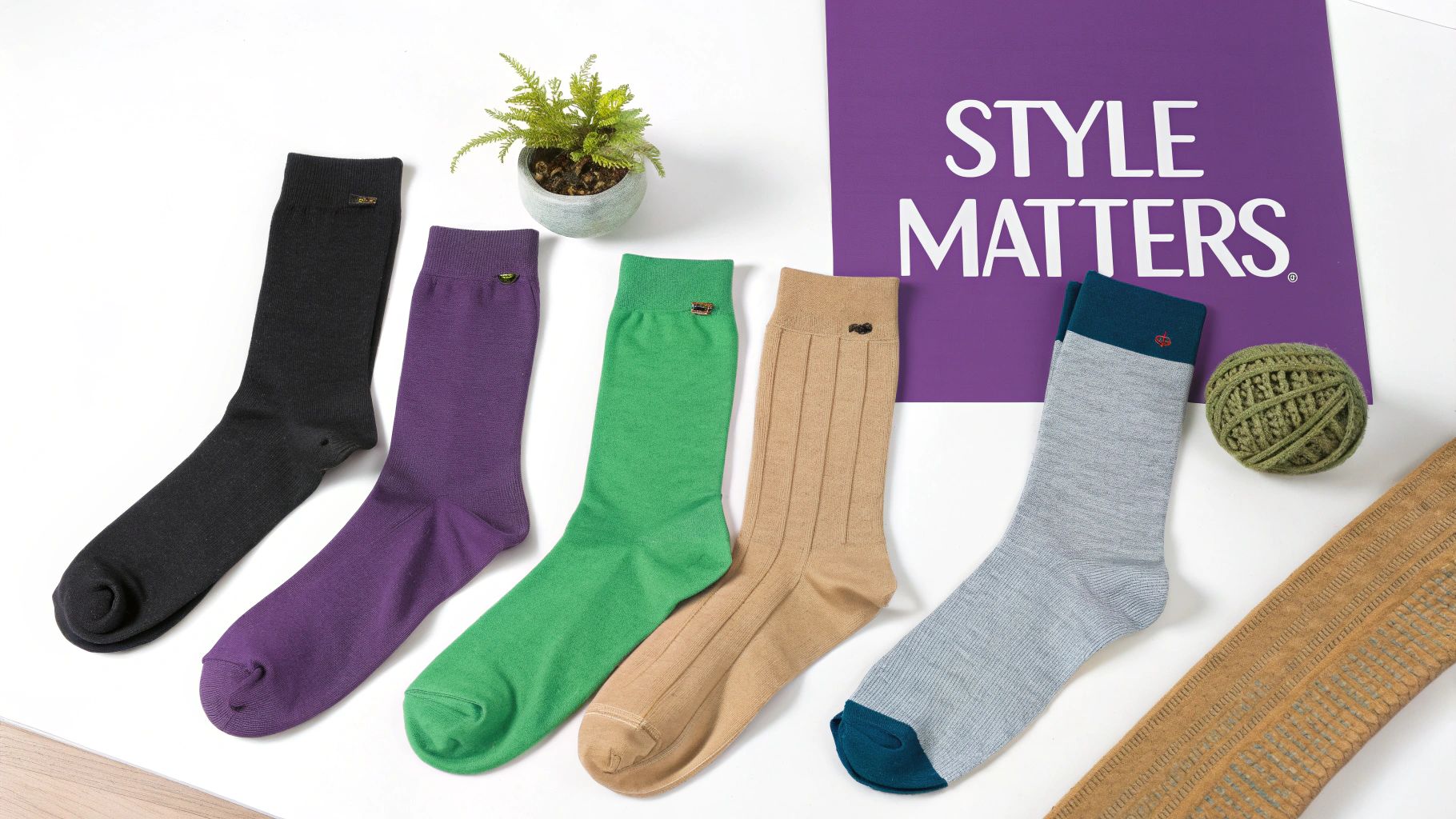 Five vibrant men's socks in black, purple, green, tan, and grey, with a 'STYLE MATTERS' sign.