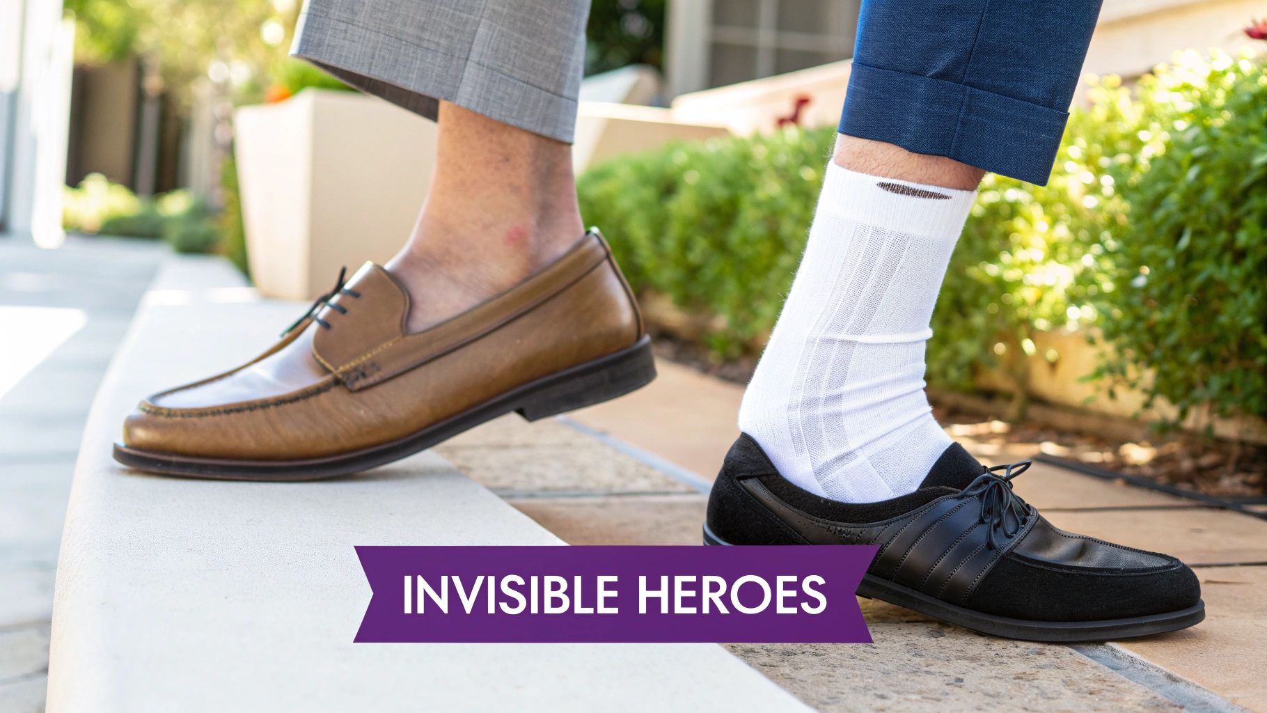 Two men's feet, one in brown loafers with an unseen sock, the other in black shoes and a white sock with a hole.