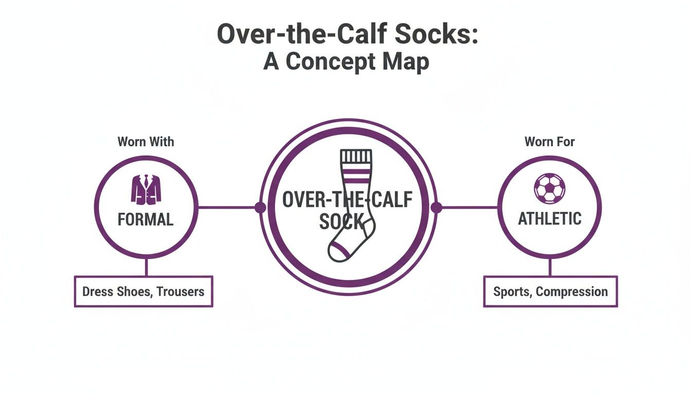 A concept map illustrates over-the-calf socks, detailing their formal and athletic applications with specific examples.