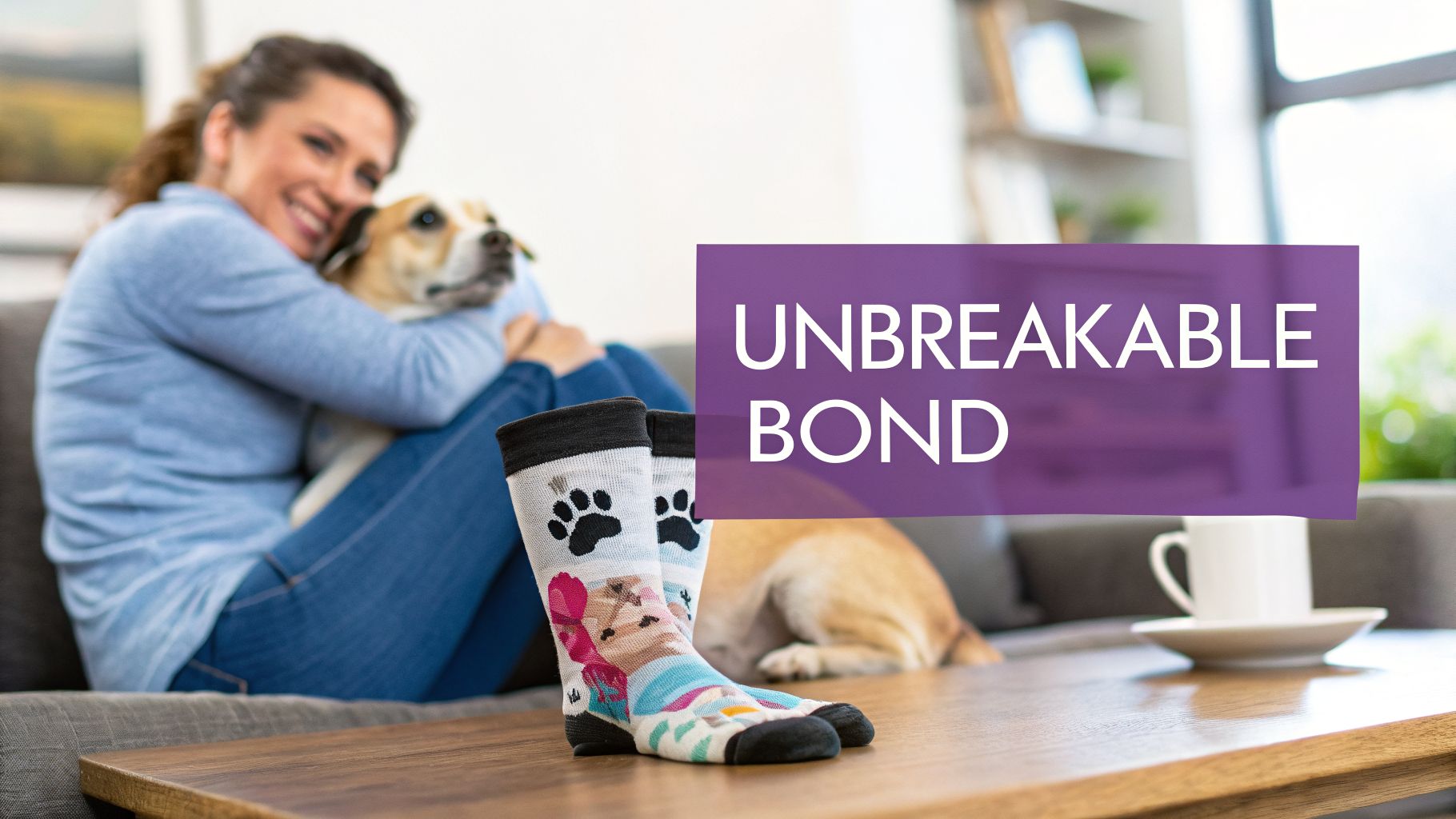 A smiling woman hugs her dog on a couch while personalized dog-themed socks sit on a coffee table.