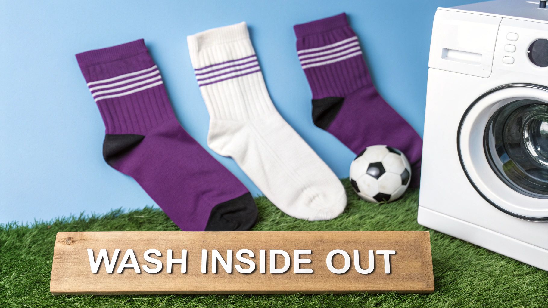 Purple and white athletic socks, a soccer ball, and a washing machine on grass, with a 'wash inside out' sign.