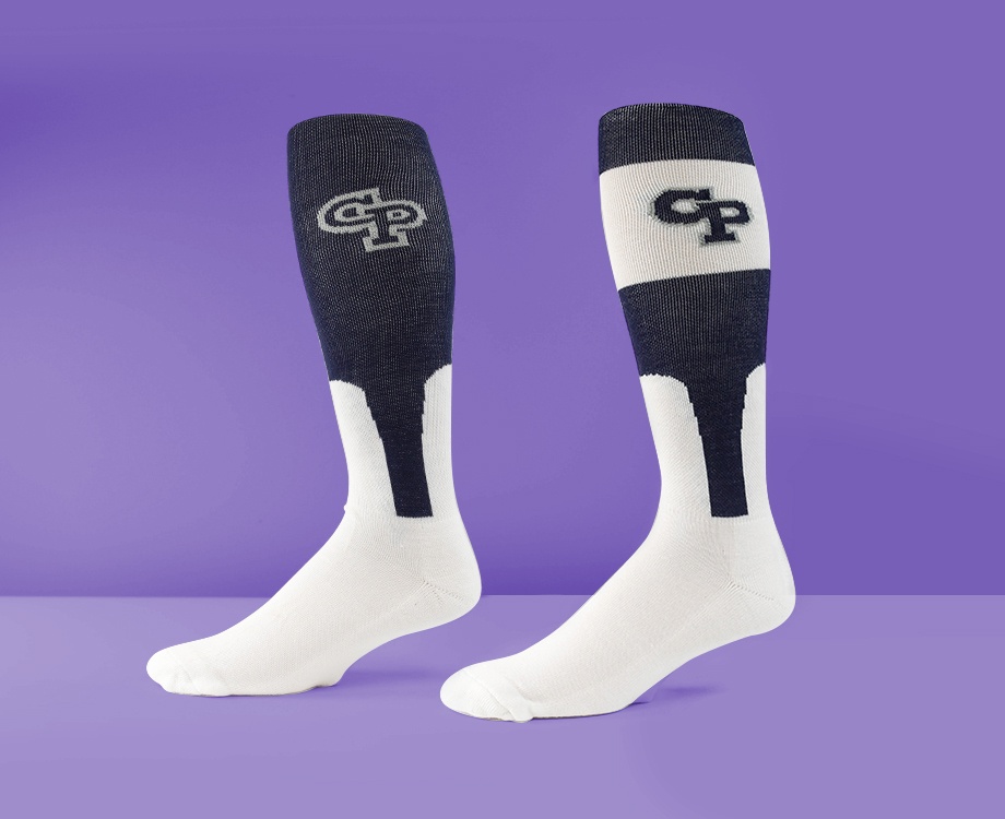 Blue and white softball socks