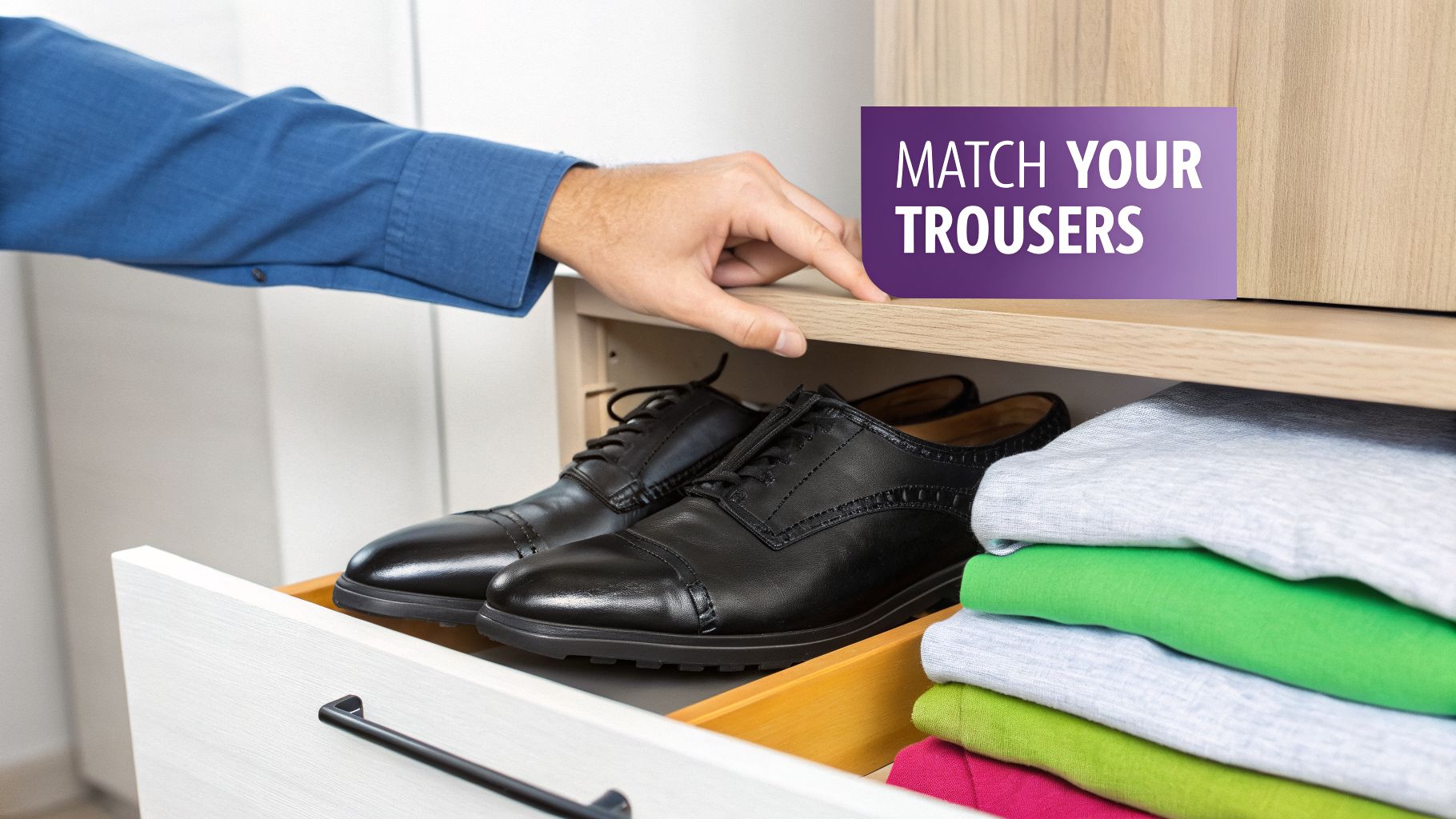 Man's hand reaching for black dress shoes in a closet drawer with folded clothes.