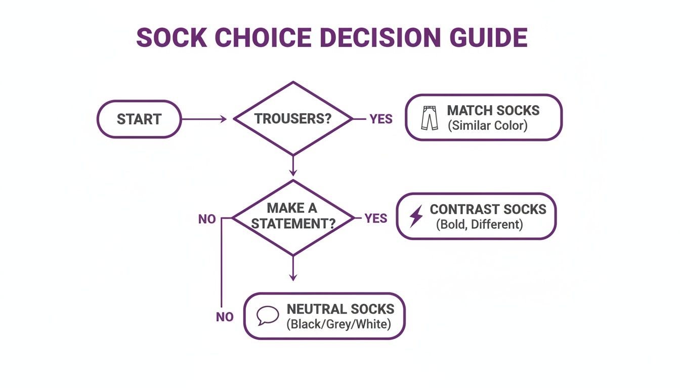 A flowchart titled 'Sock Choice Decision Guide' for selecting sock colors based on trousers and desired statement.
